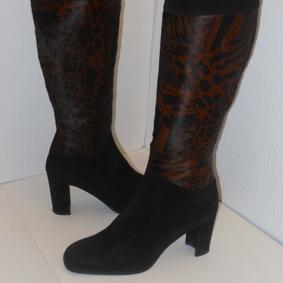 STUART WEITZMAN BLACK AND BROWN LEATHER & GENUINE FUR KNEE HIGH BOOTS SIZE 7.5 M - Picture 1 of 8